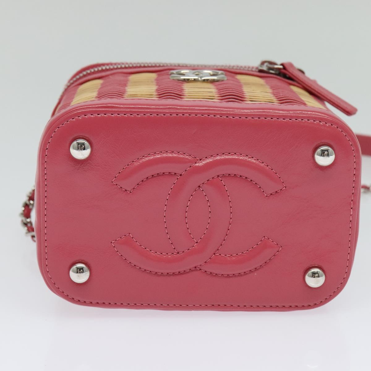 CHANEL Wicker Vanity Chain Shoulder Bag Rattan 2way Pink Silver CC Auth 114201SAM
