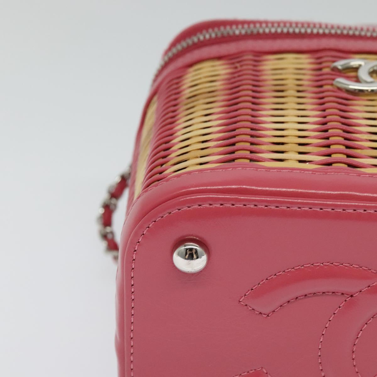CHANEL Wicker Vanity Chain Shoulder Bag Rattan 2way Pink Silver CC Auth 114201AM