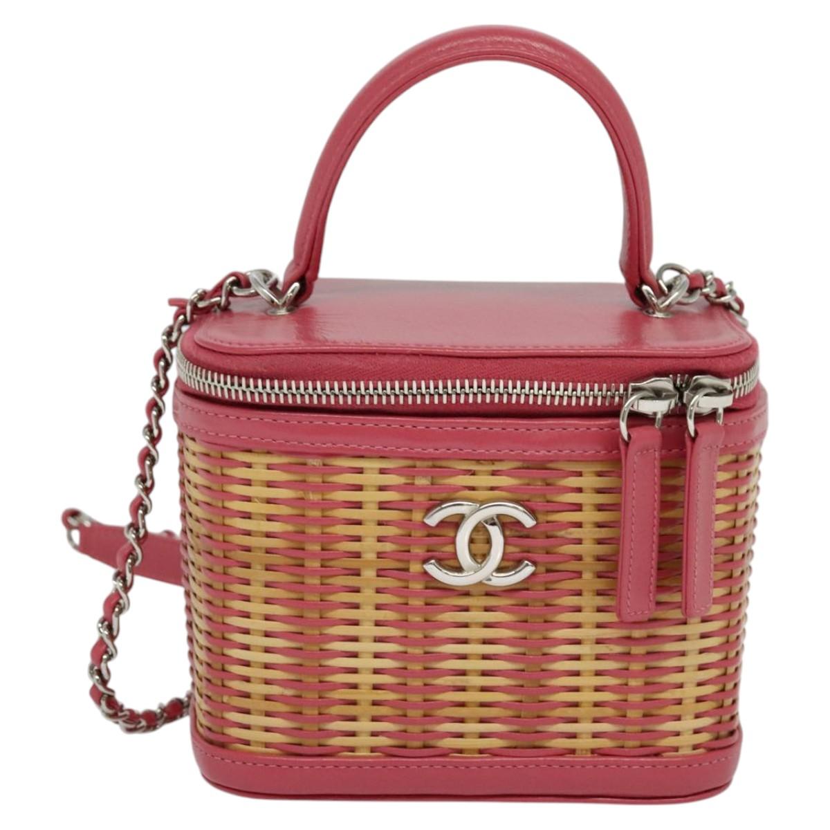 CHANEL Wicker Vanity Chain Shoulder Bag Rattan 2way Pink Silver CC Auth 114201SAM