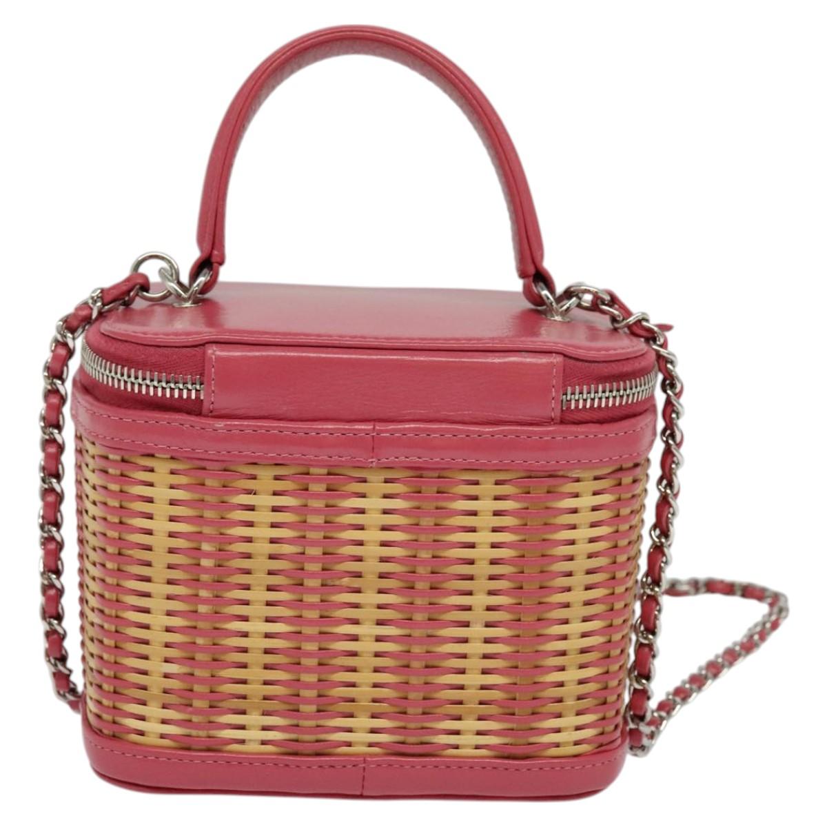 CHANEL Wicker Vanity Chain Shoulder Bag Rattan 2way Pink Silver CC Auth 114201SAM