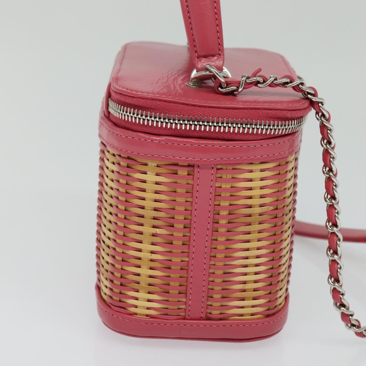 CHANEL Wicker Vanity Chain Shoulder Bag Rattan 2way Pink Silver CC Auth 114201SAM