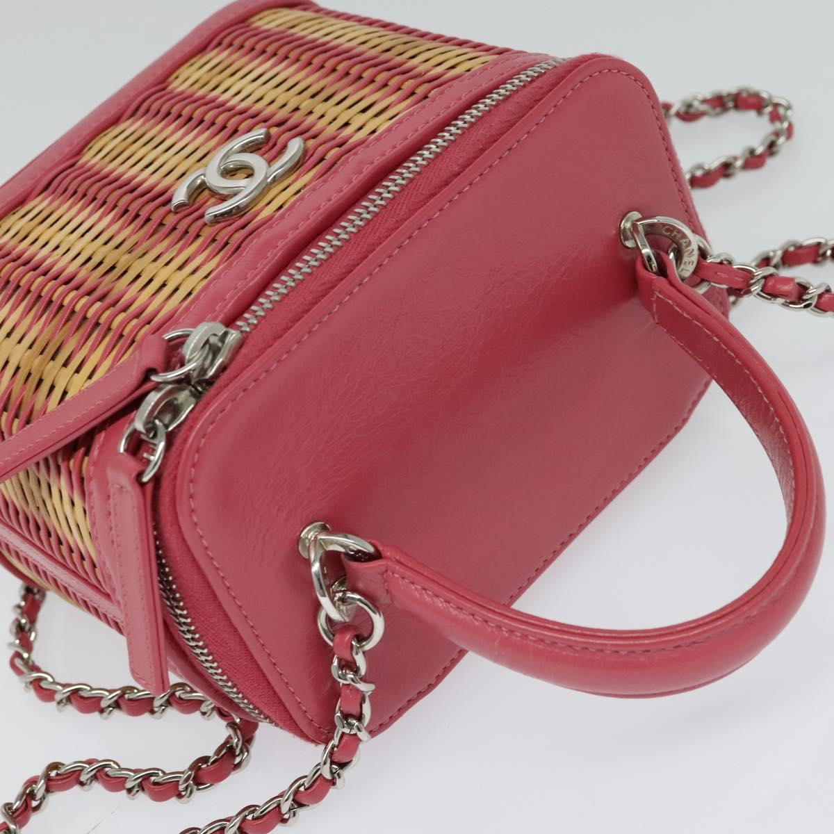 CHANEL Wicker Vanity Chain Shoulder Bag Rattan 2way Pink Silver CC Auth 114201SAM