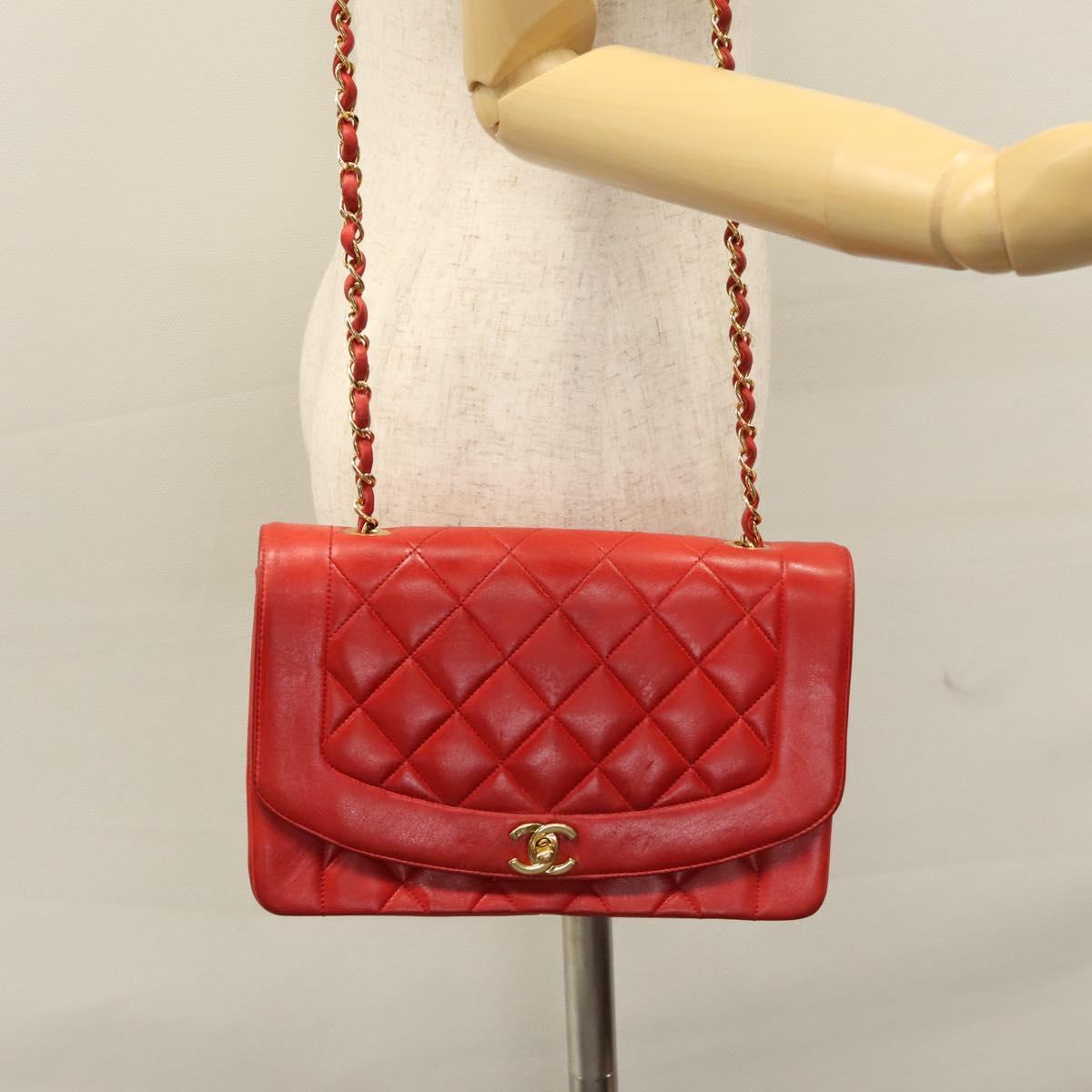 CHANEL Diana 25 Chain Shoulder Bag Lamb Skin Red CC Auth 114568A