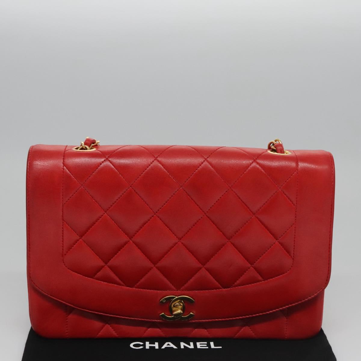 CHANEL Diana 25 Chain Shoulder Bag Lamb Skin Red CC Auth 114568A