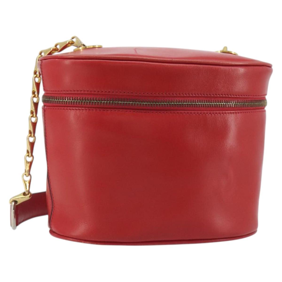 CELINE Chain Shoulder Bag Leather Red Gold Auth 114588