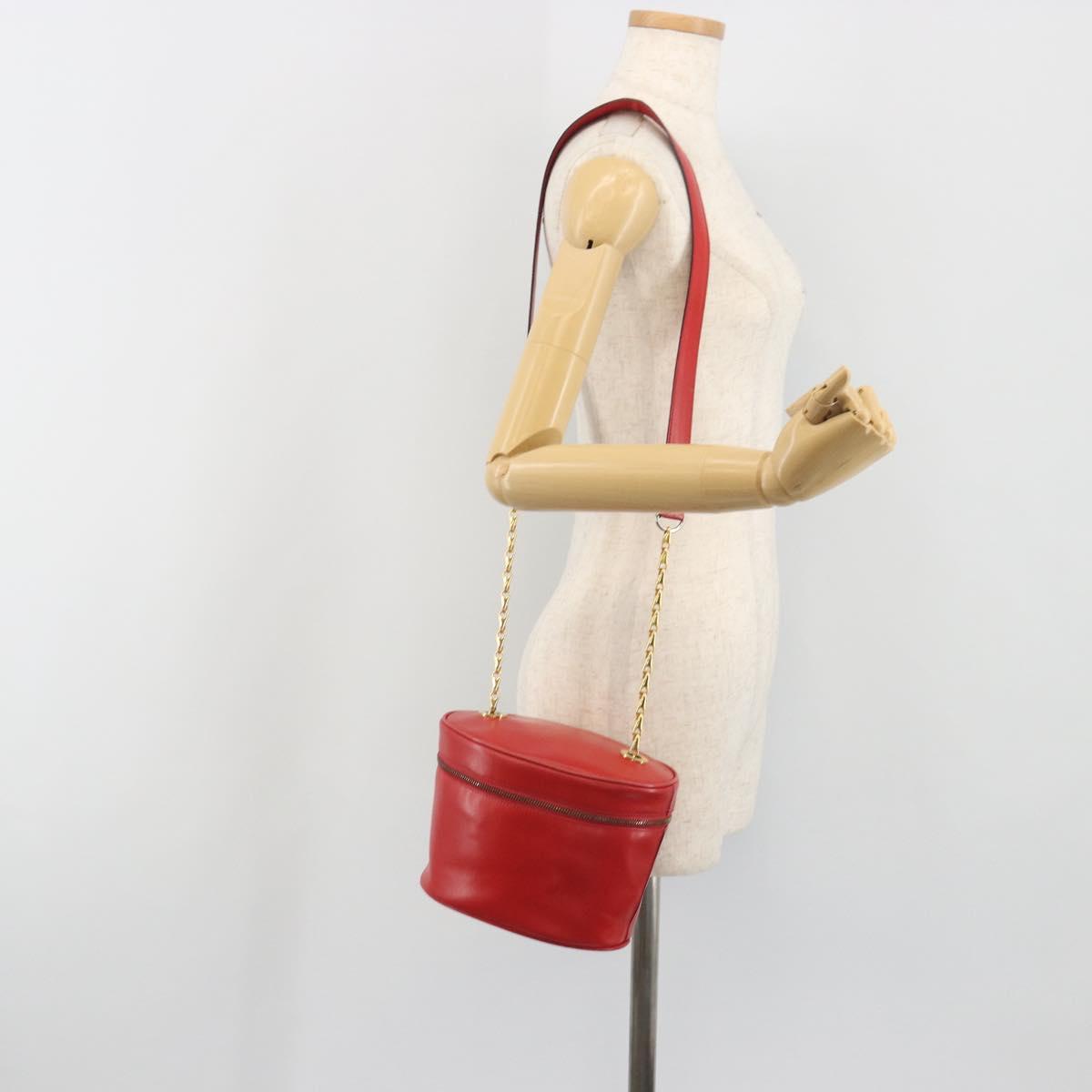 CELINE Chain Shoulder Bag Leather Red Gold Auth 114588