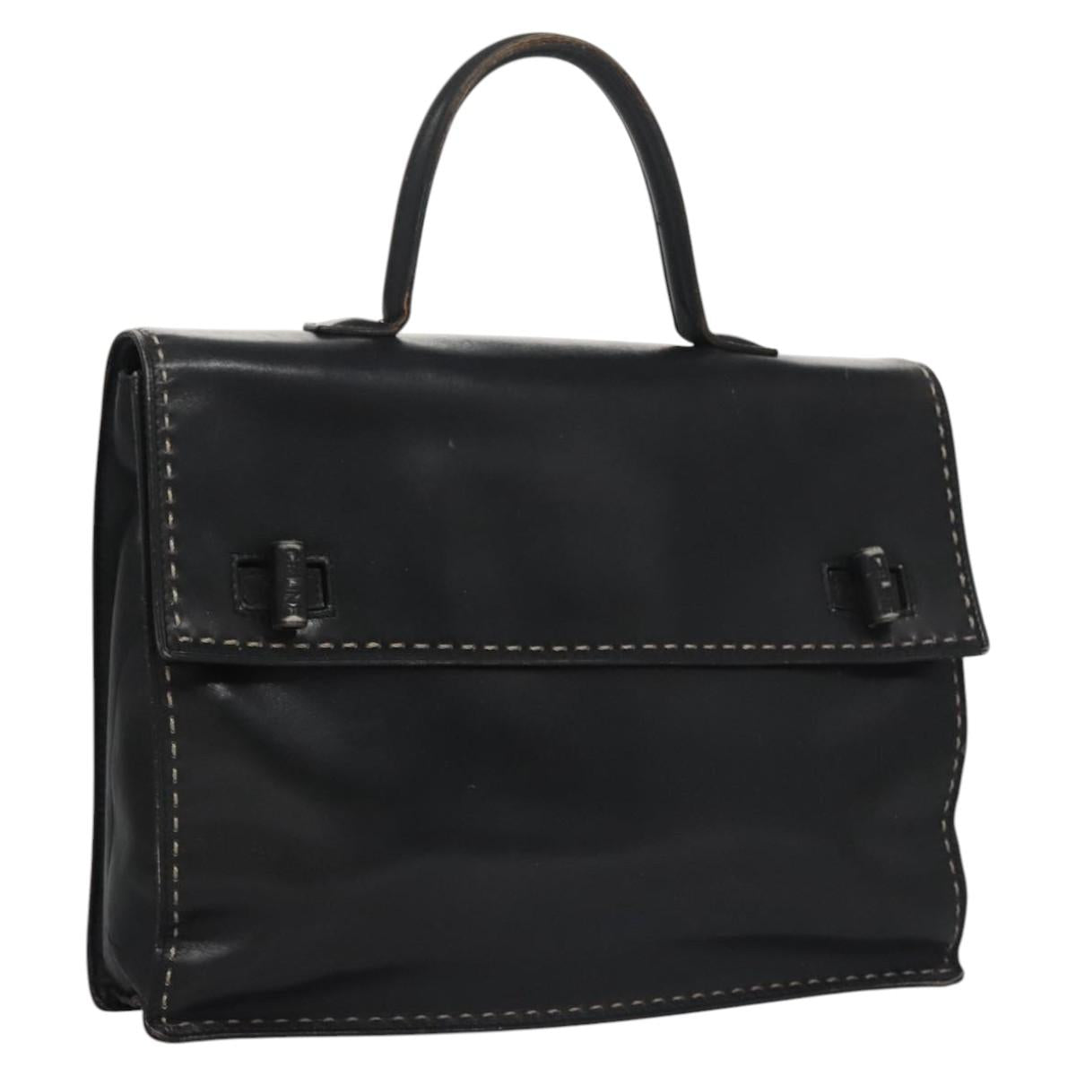 CELINE Hand Bag Leather Black Auth 114646