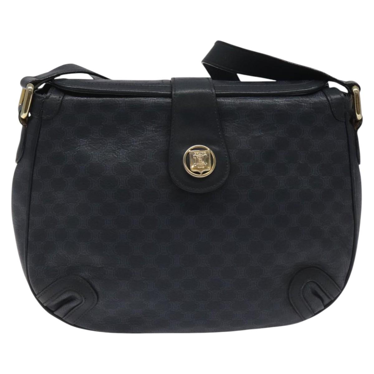 CELINE Macadam Canvas Shoulder Bag Leather Navy Gold Auth 114752