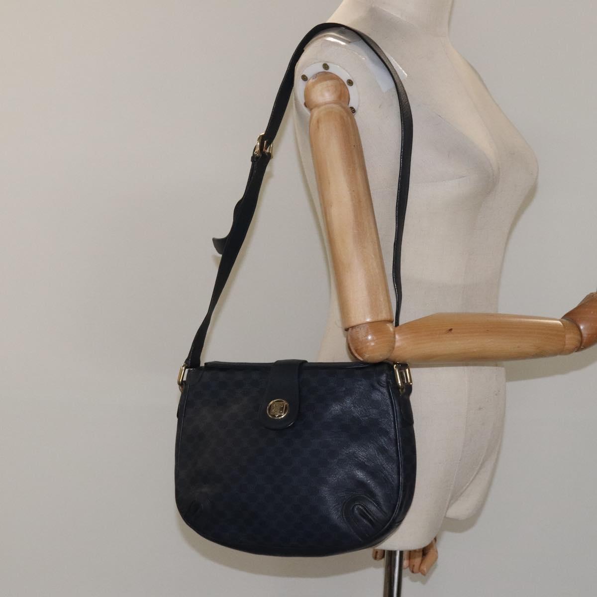 CELINE Macadam Canvas Shoulder Bag Leather Navy Gold Auth 114752