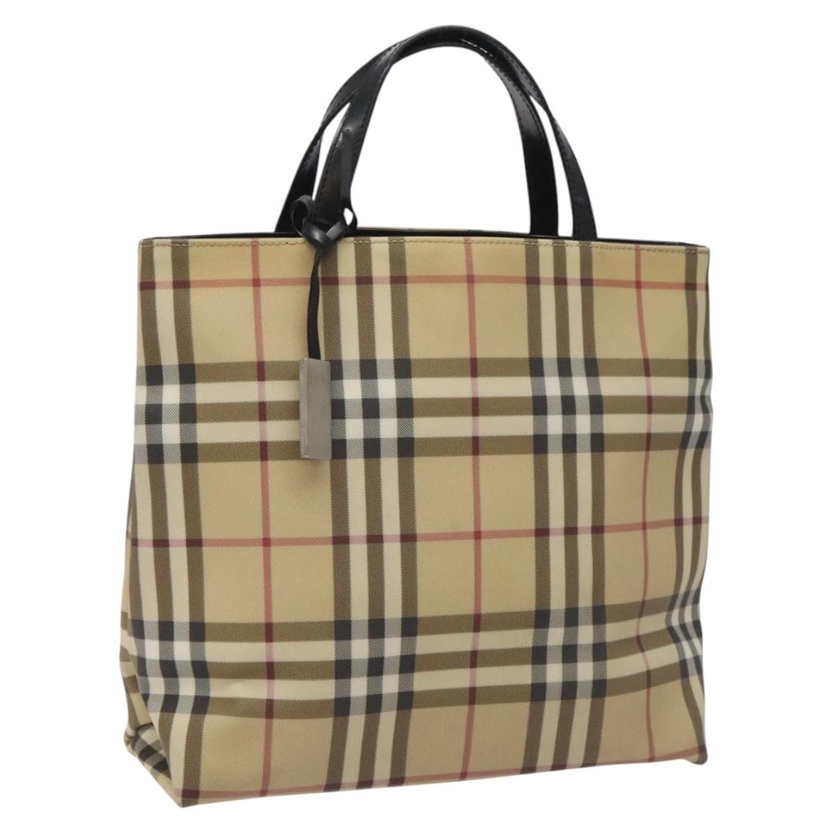 BURBERRY Nova Check Hand Bag PVC Beige Silver Auth 114766