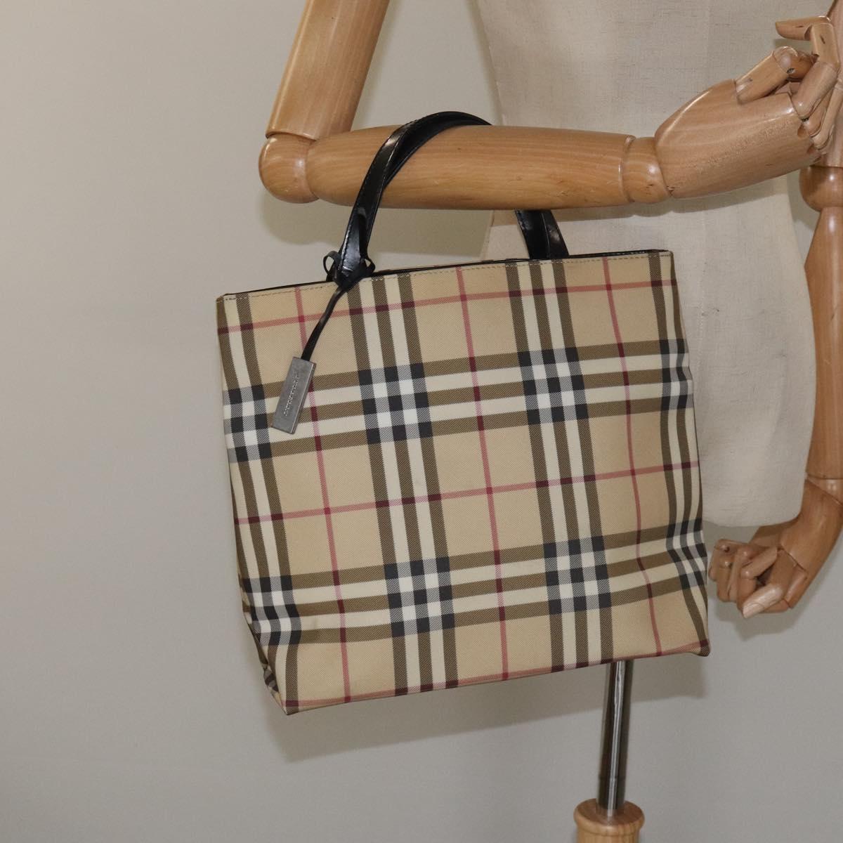 BURBERRY Nova Check Hand Bag PVC Beige Silver Auth 114766