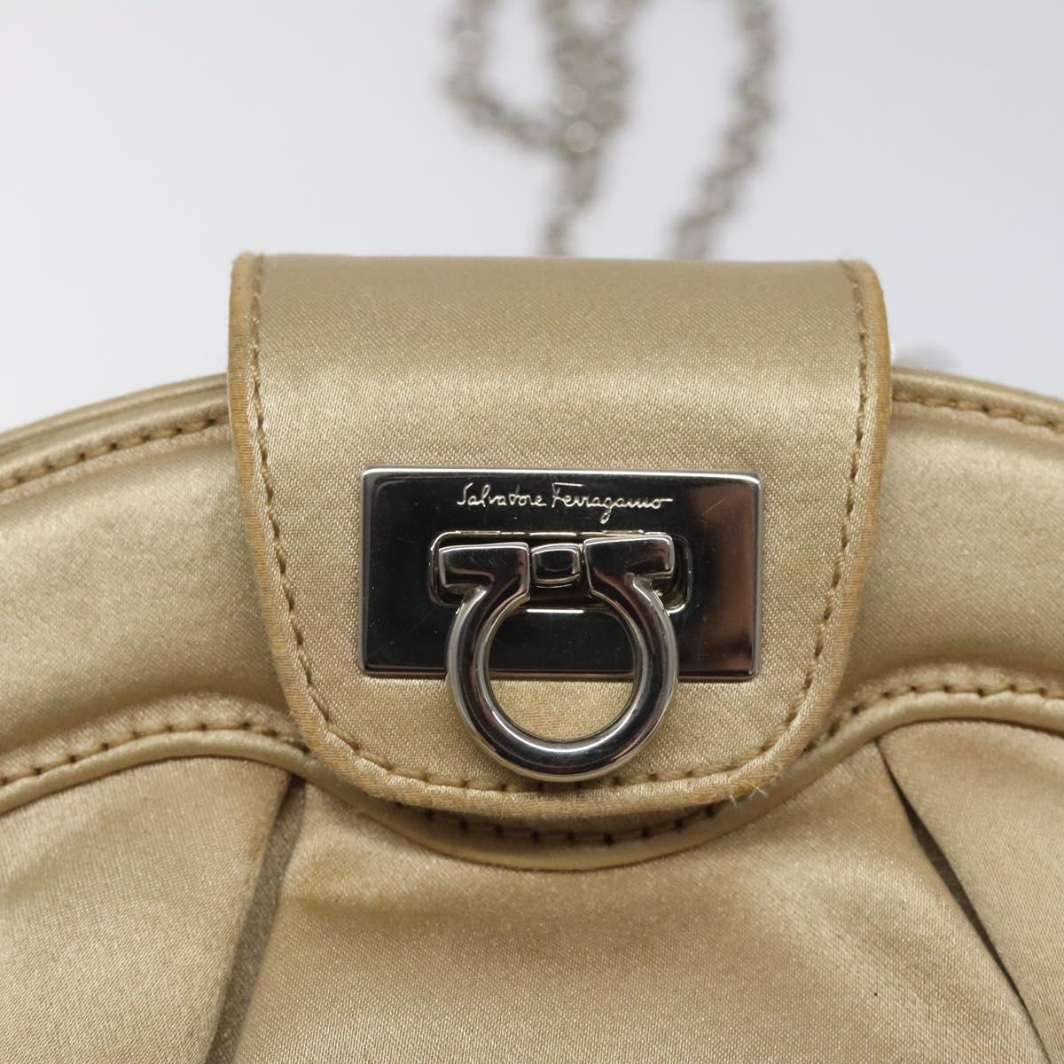 Salvatore Ferragamo Gancini Chain Shoulder Bag Satin Beige Silver Auth 114785
