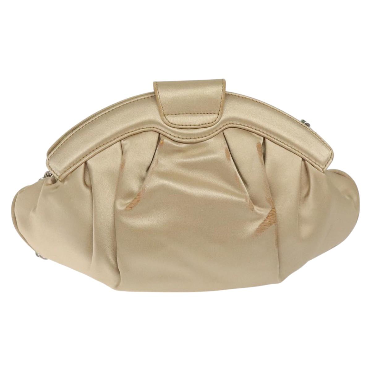 Salvatore Ferragamo Gancini Chain Shoulder Bag Satin Beige Silver Auth 114785