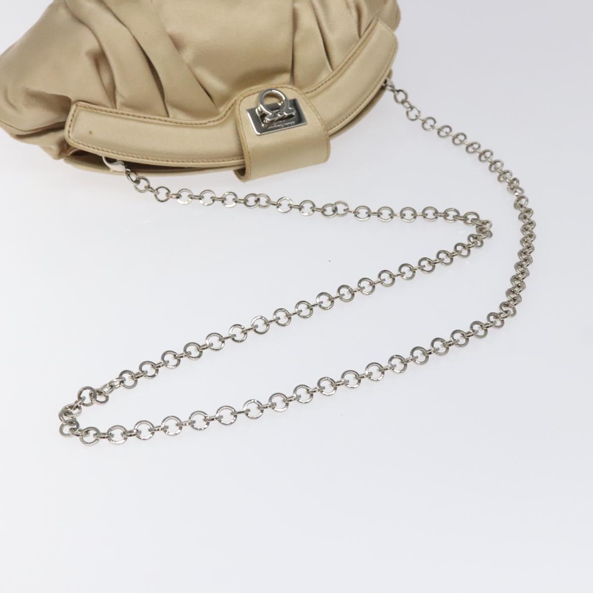 Salvatore Ferragamo Gancini Chain Shoulder Bag Satin Beige Silver Auth 114785