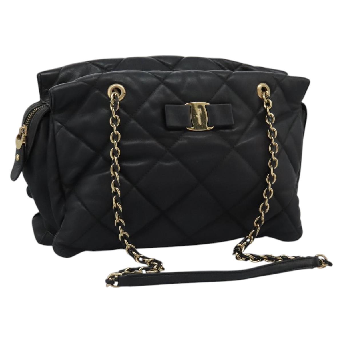 Salvatore Ferragamo Vara Quilted Chain Bag Leather Black Gold Auth 114789