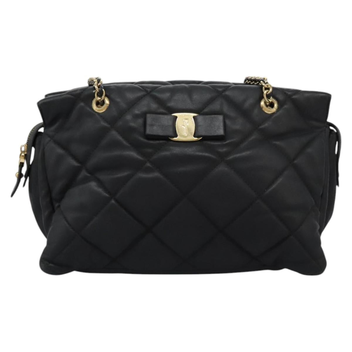 Salvatore Ferragamo Vara Quilted Chain Bag Leather Black Gold Auth 114789