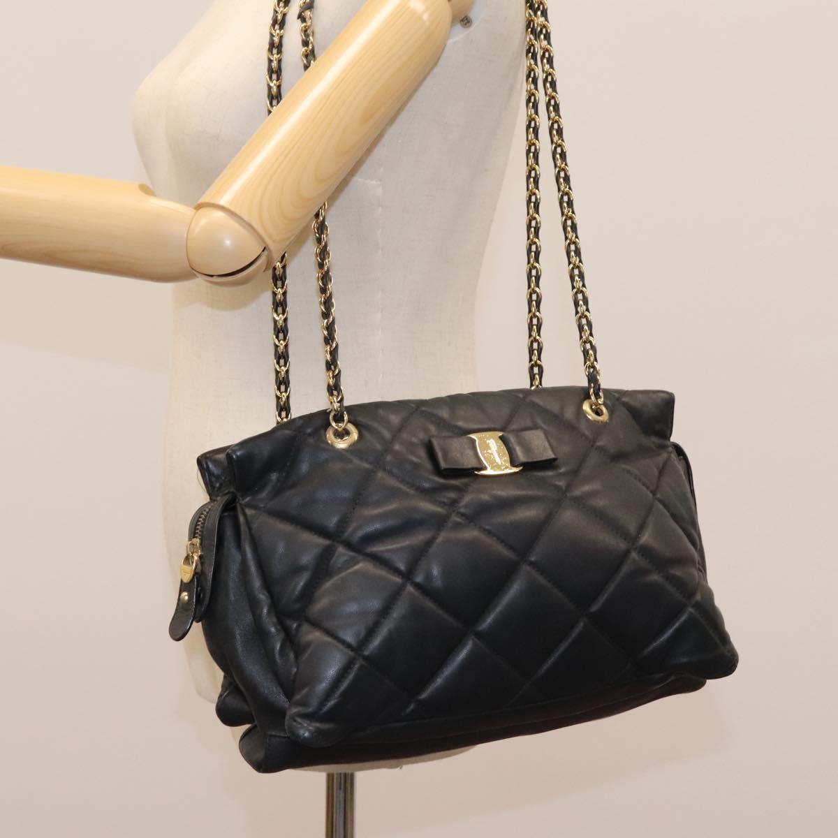 Salvatore Ferragamo Vara Quilted Chain Bag Leather Black Gold Auth 114789