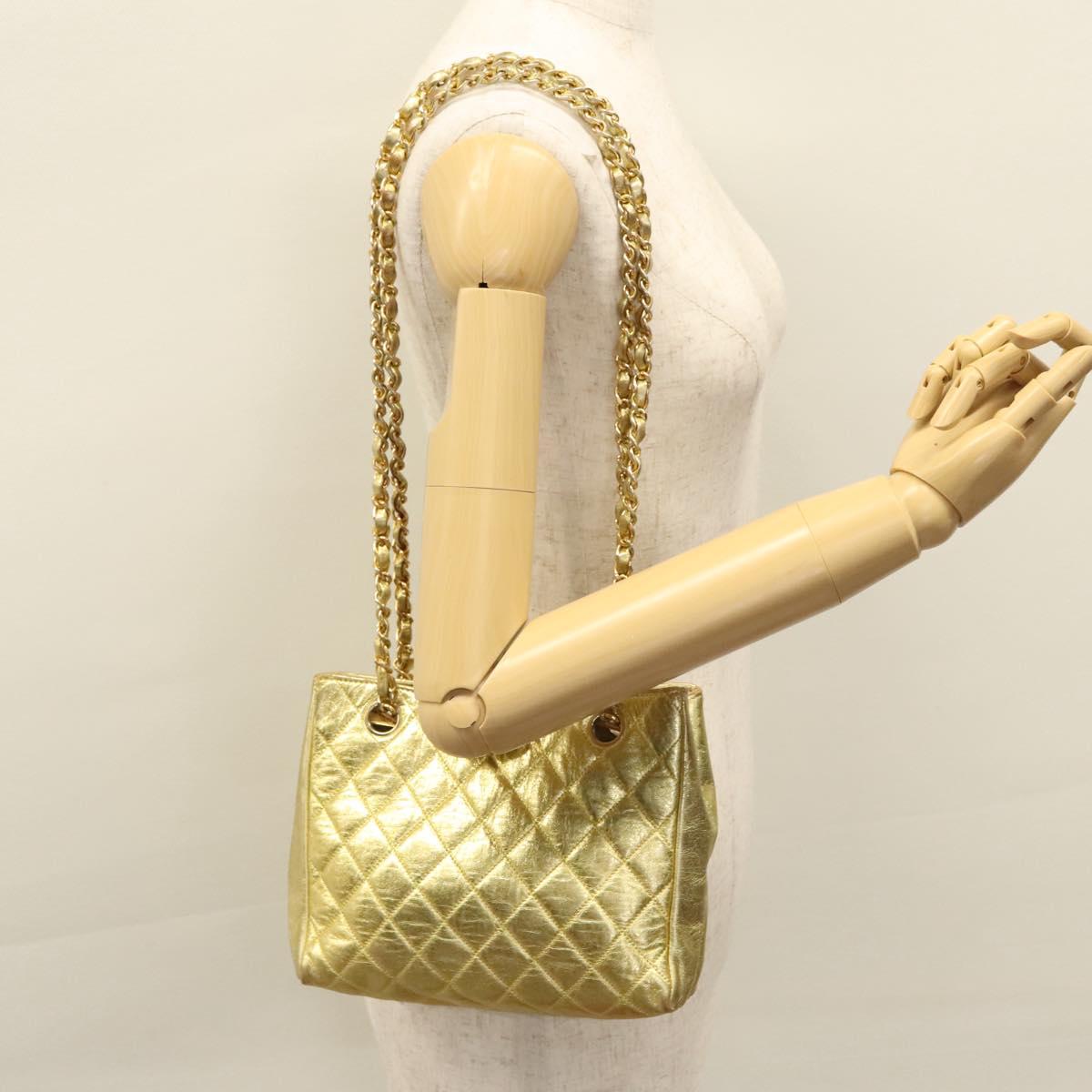 CHANEL Chain Shoulder Bag Leather Gold CC Auth 114863