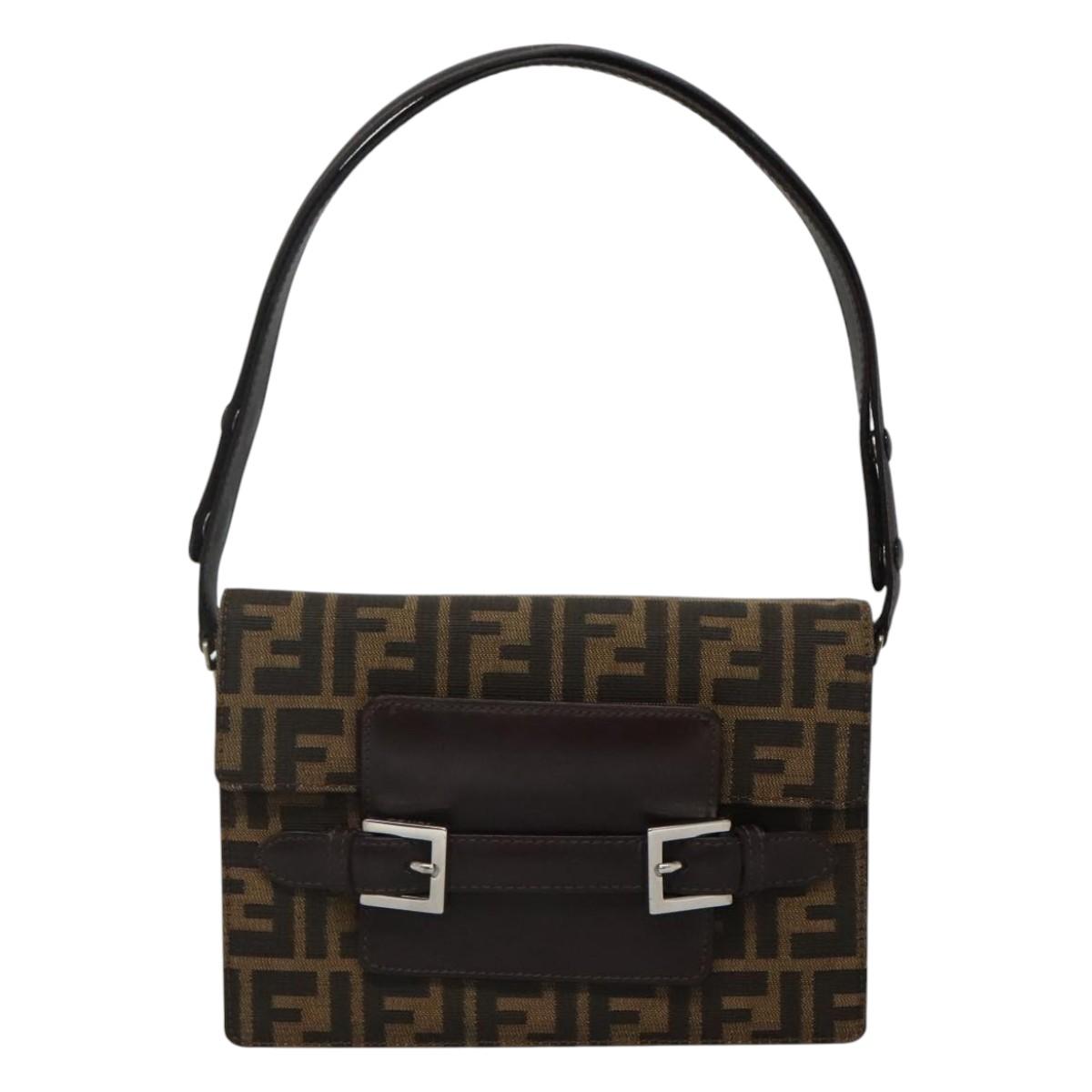 FENDI Zucca Canvas Shoulder Bag Brown Black Silver Auth 114885