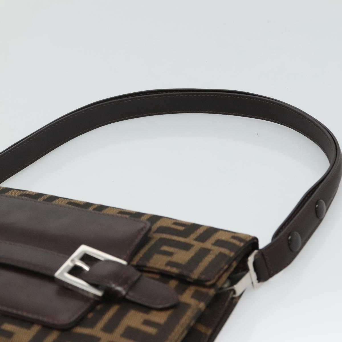 FENDI Zucca Canvas Shoulder Bag Brown Black Silver Auth 114885