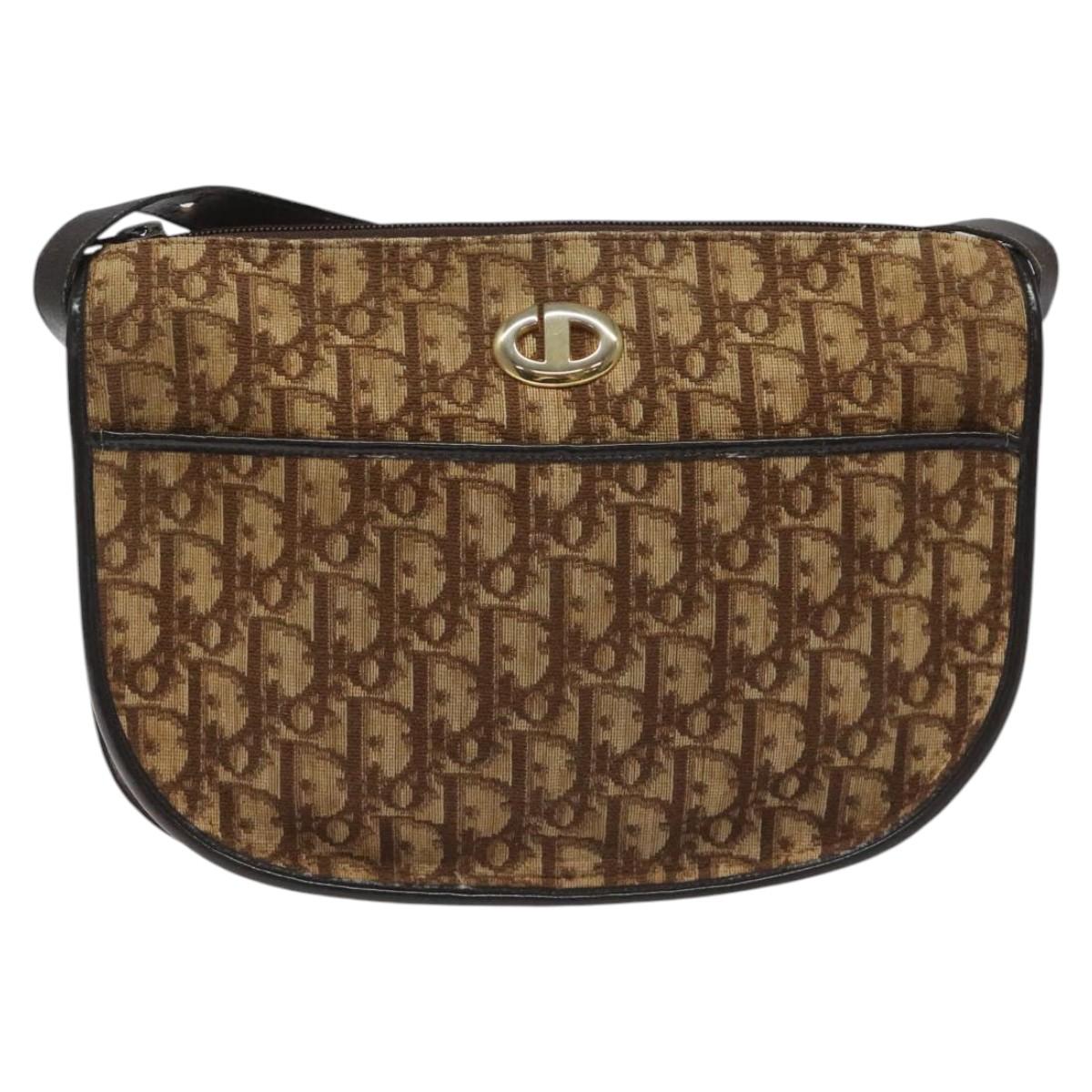 Christian Dior Trotter Canvas Shoulder Bag Brown Gold Auth 114913