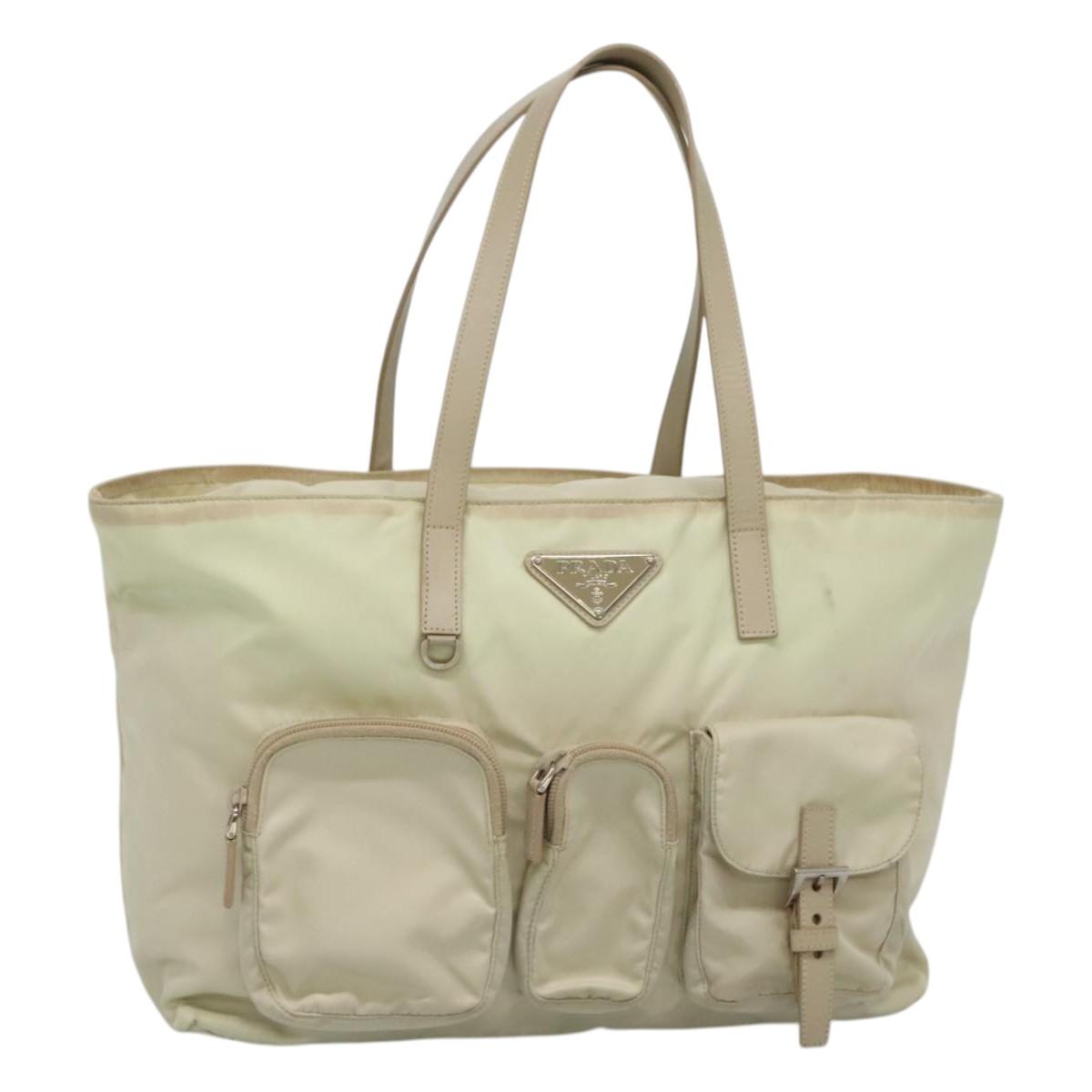 PRADA Tote Bag Nylon Ivory Silver Auth 114933