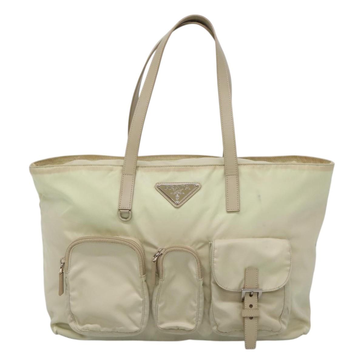 PRADA Tote Bag Nylon Ivory Silver Auth 114933