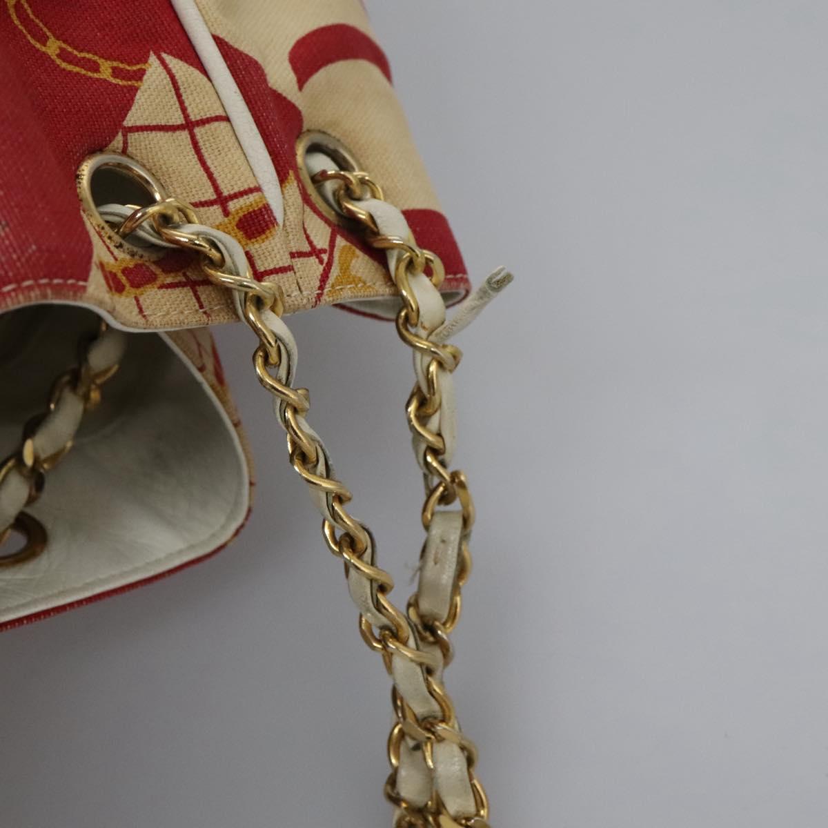 CHANEL Chain Shoulder Bag Canvas Red Gold CC Auth 114940