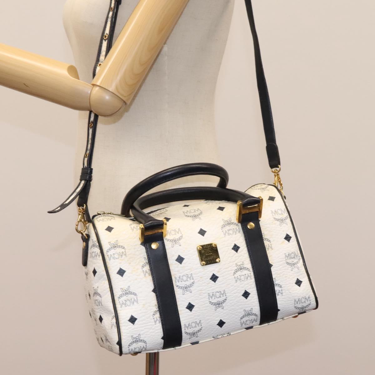 MCM Vicetos Logogram Hand Bag PVC Leather 2way White Gold Auth 115026