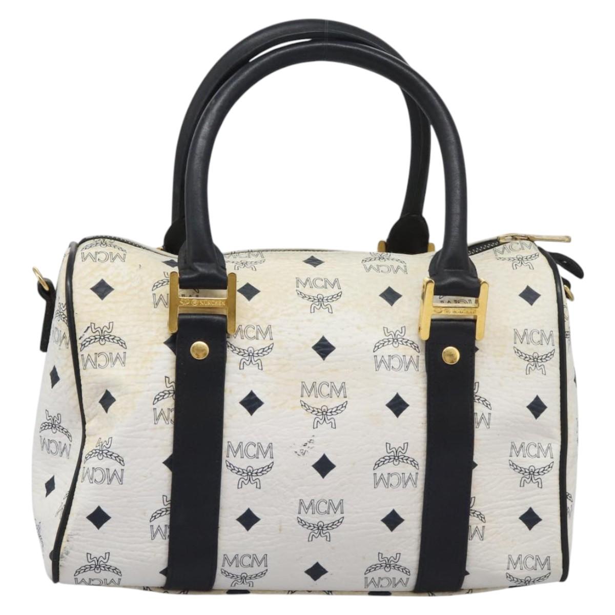 MCM Vicetos Logogram Hand Bag PVC Leather 2way White Gold Auth 115026