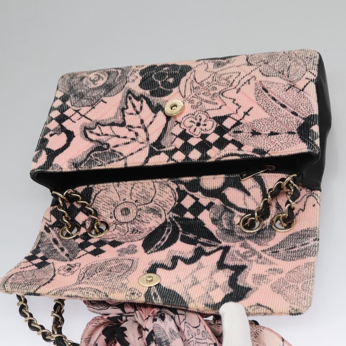CHANEL Chain V Stitch Shoulder Bag Corduroy Pink Gold CC Auth 115032SM