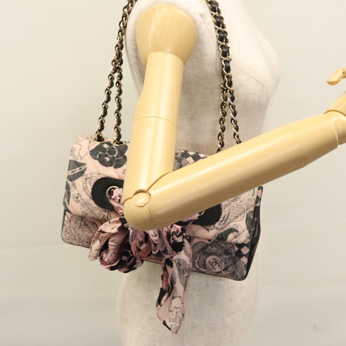 CHANEL Chain V Stitch Shoulder Bag Corduroy Pink Gold CC Auth 115032AM