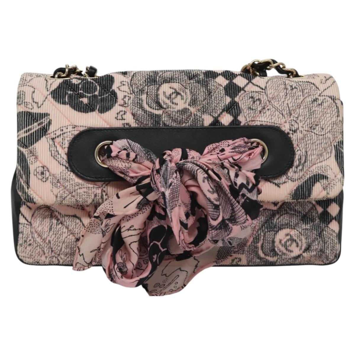 CHANEL Chain V Stitch Shoulder Bag Corduroy Pink Gold CC Auth 115032AM