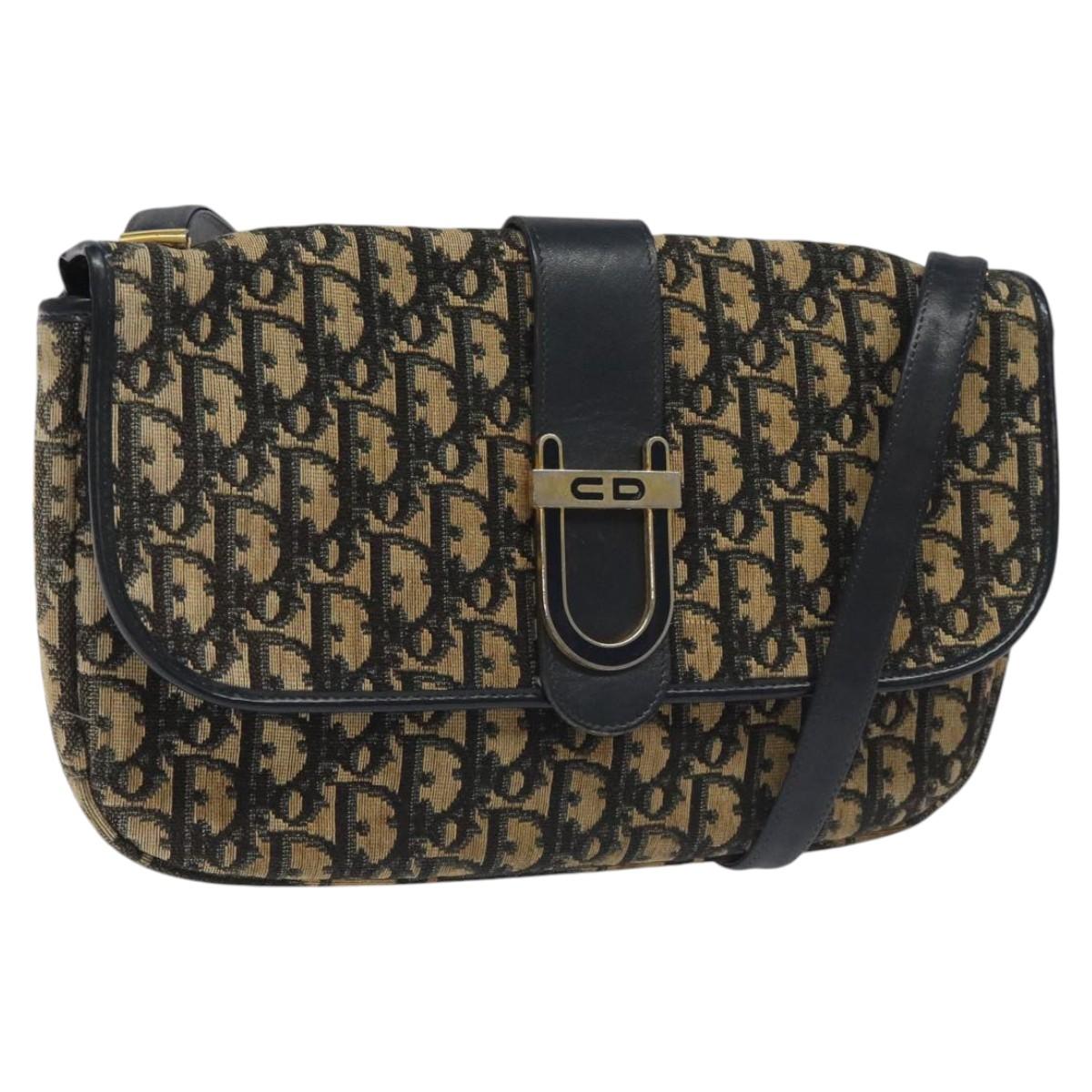 Christian Dior Trotter Canvas Shoulder Bag Navy Gold Auth 115041