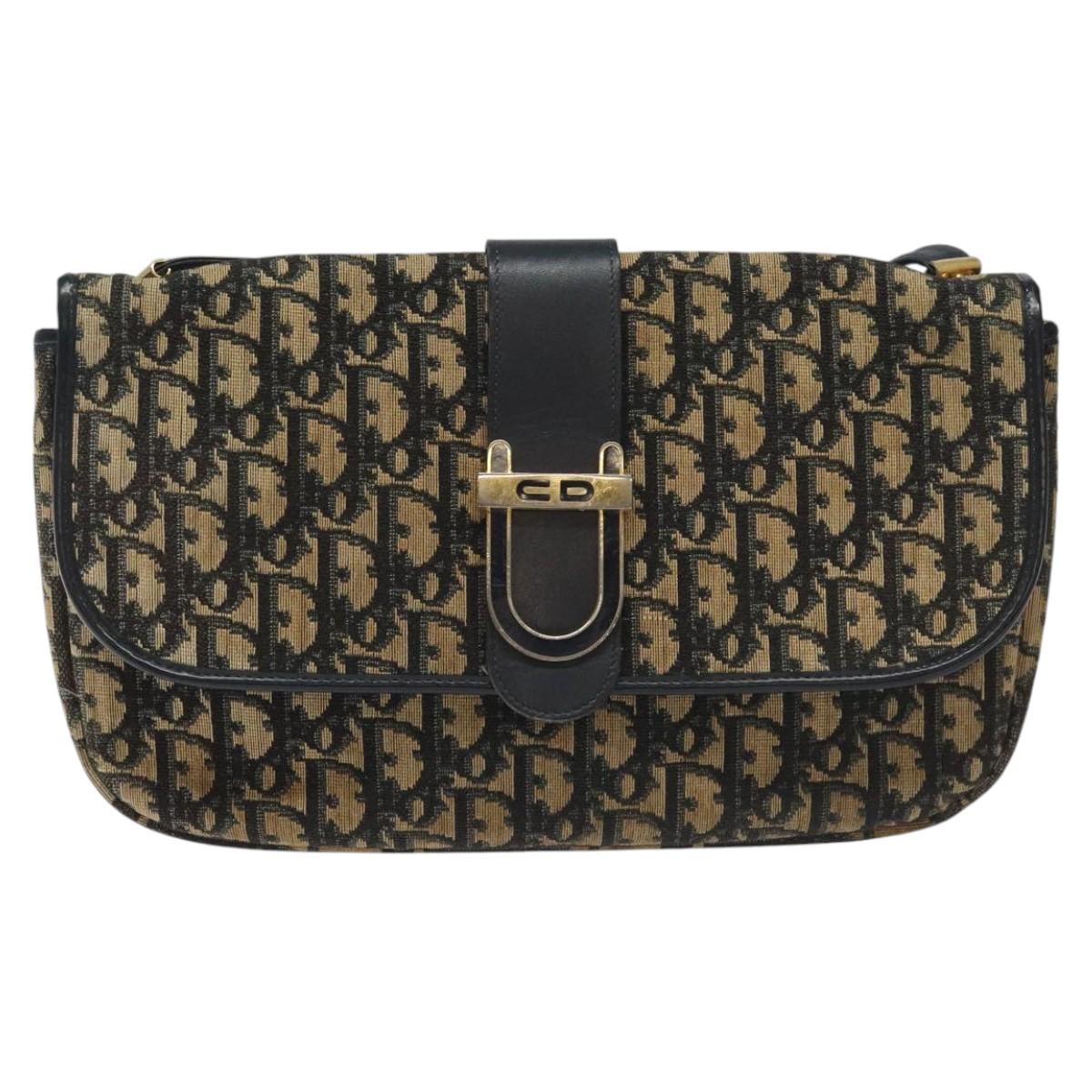 Christian Dior Trotter Canvas Shoulder Bag Navy Gold Auth 115041