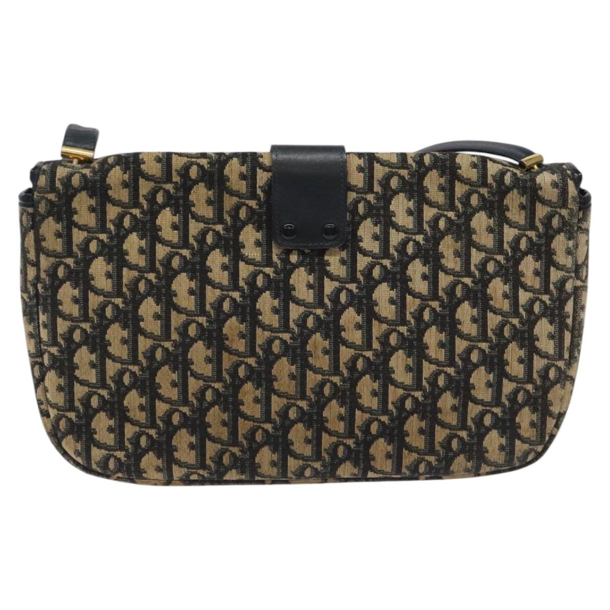 Christian Dior Trotter Canvas Shoulder Bag Navy Gold Auth 115041