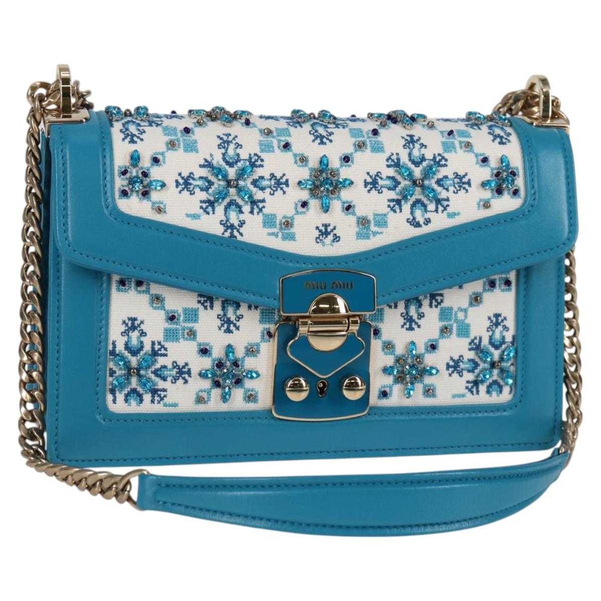 Miu Miu Chain Shoulder Bag Canvas Leather Blue Gold 5BD083 Auth 115233SM