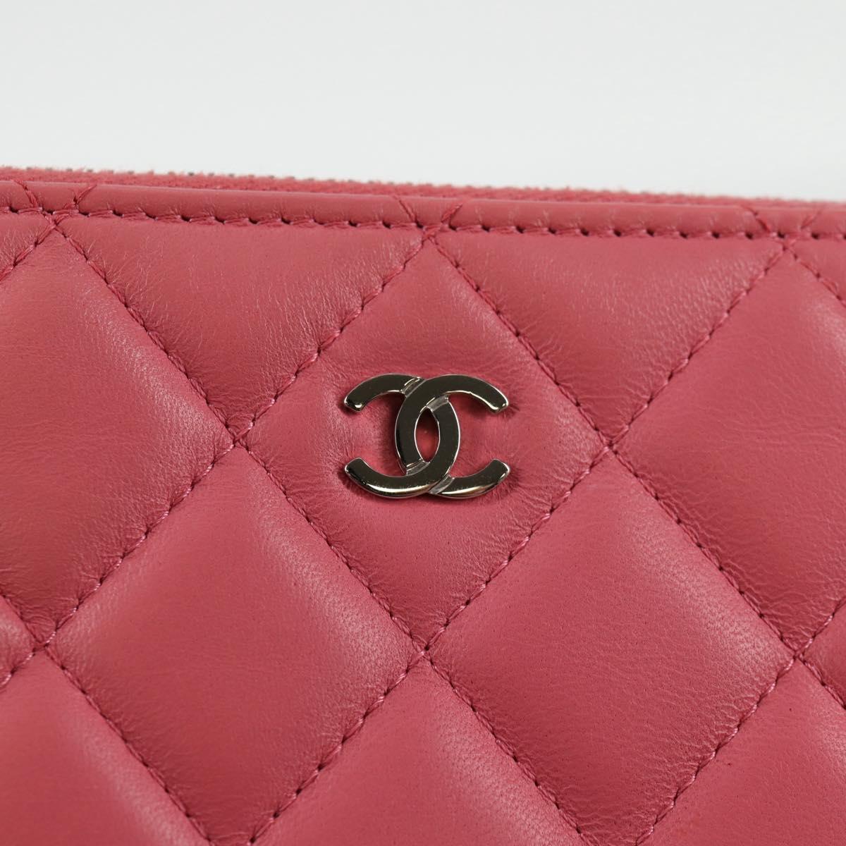 CHANEL Matelasse Clutch Bag Lamb Skin Pink Silver CC Auth 115255V