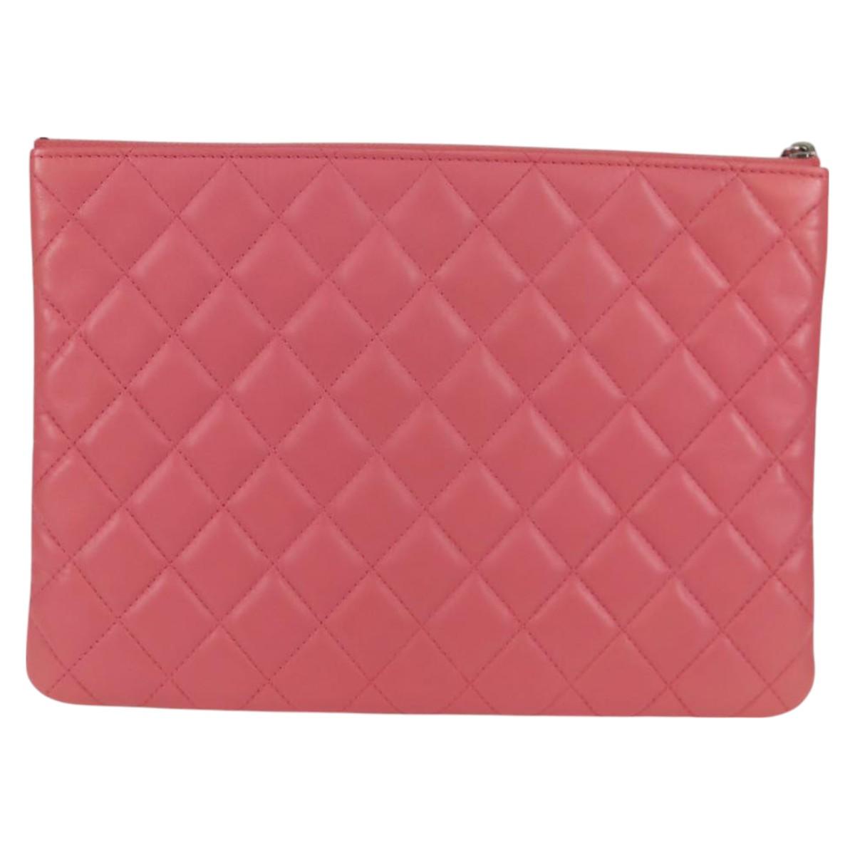 CHANEL Matelasse Clutch Bag Lamb Skin Pink Silver CC Auth 115255V