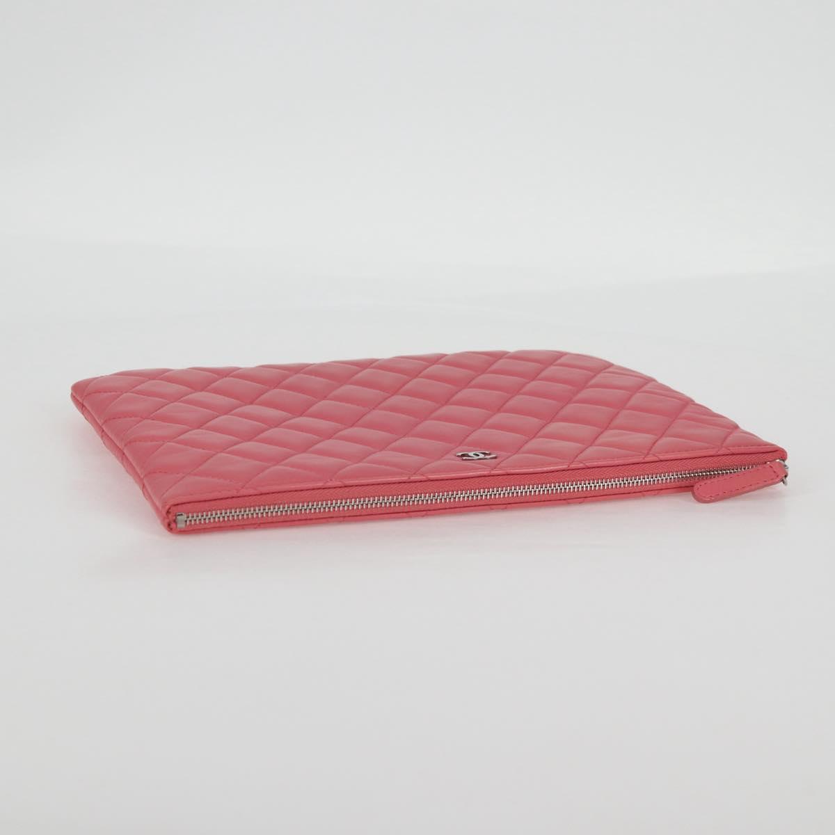 CHANEL Matelasse Clutch Bag Lamb Skin Pink Silver CC Auth 115255V