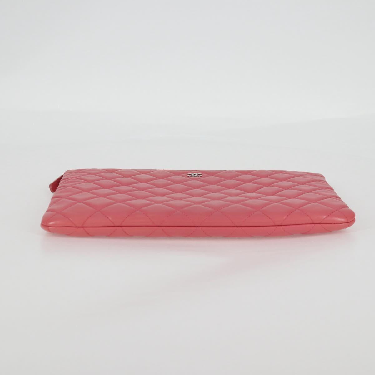 CHANEL Matelasse Clutch Bag Lamb Skin Pink Silver CC Auth 115255V