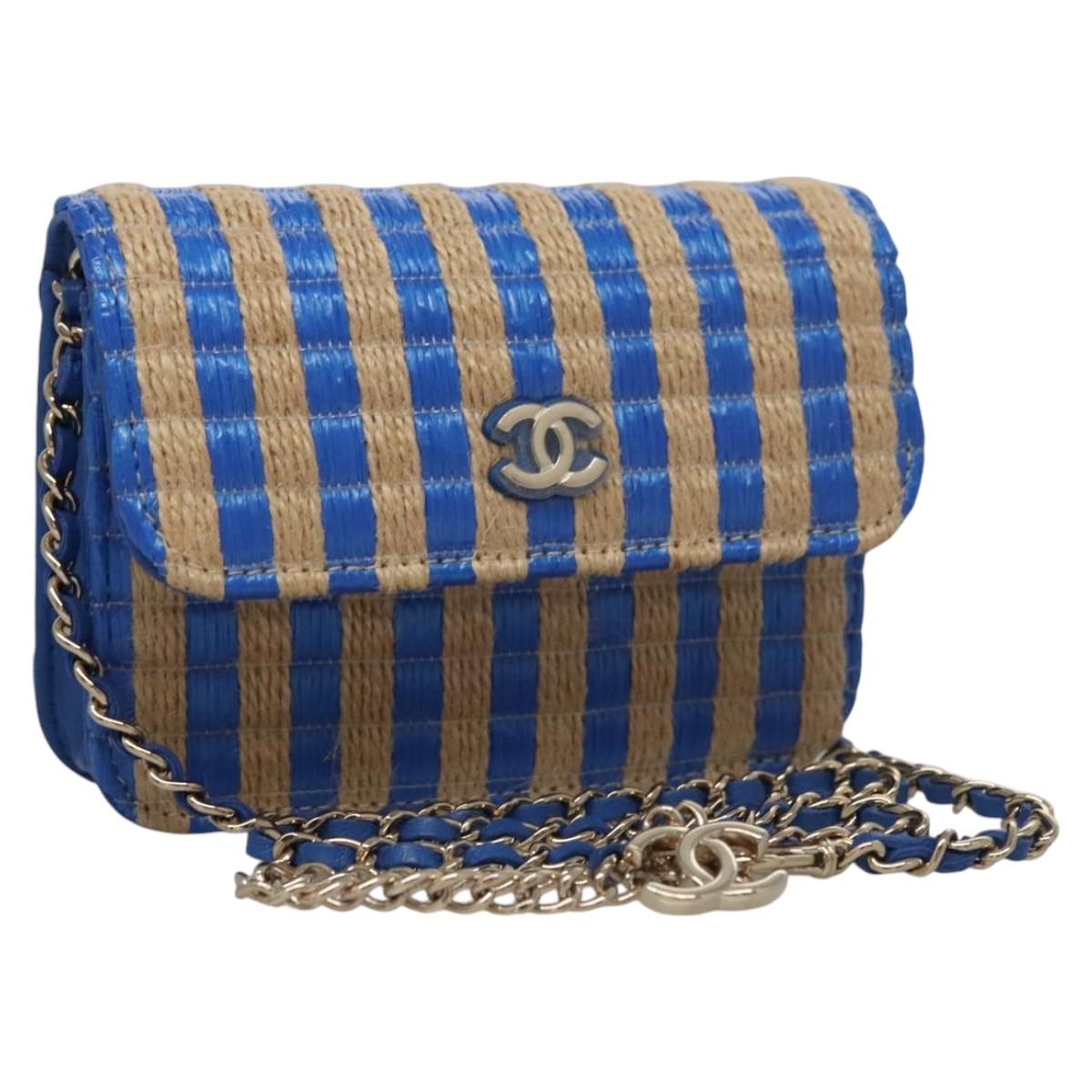 CHANEL Chain Shoulder Bag Raffia Blue CC Auth 115347AM