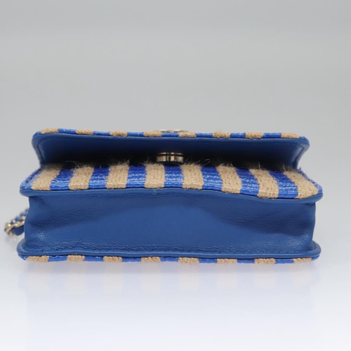 CHANEL Chain Shoulder Bag Raffia Blue CC Auth 115347AM