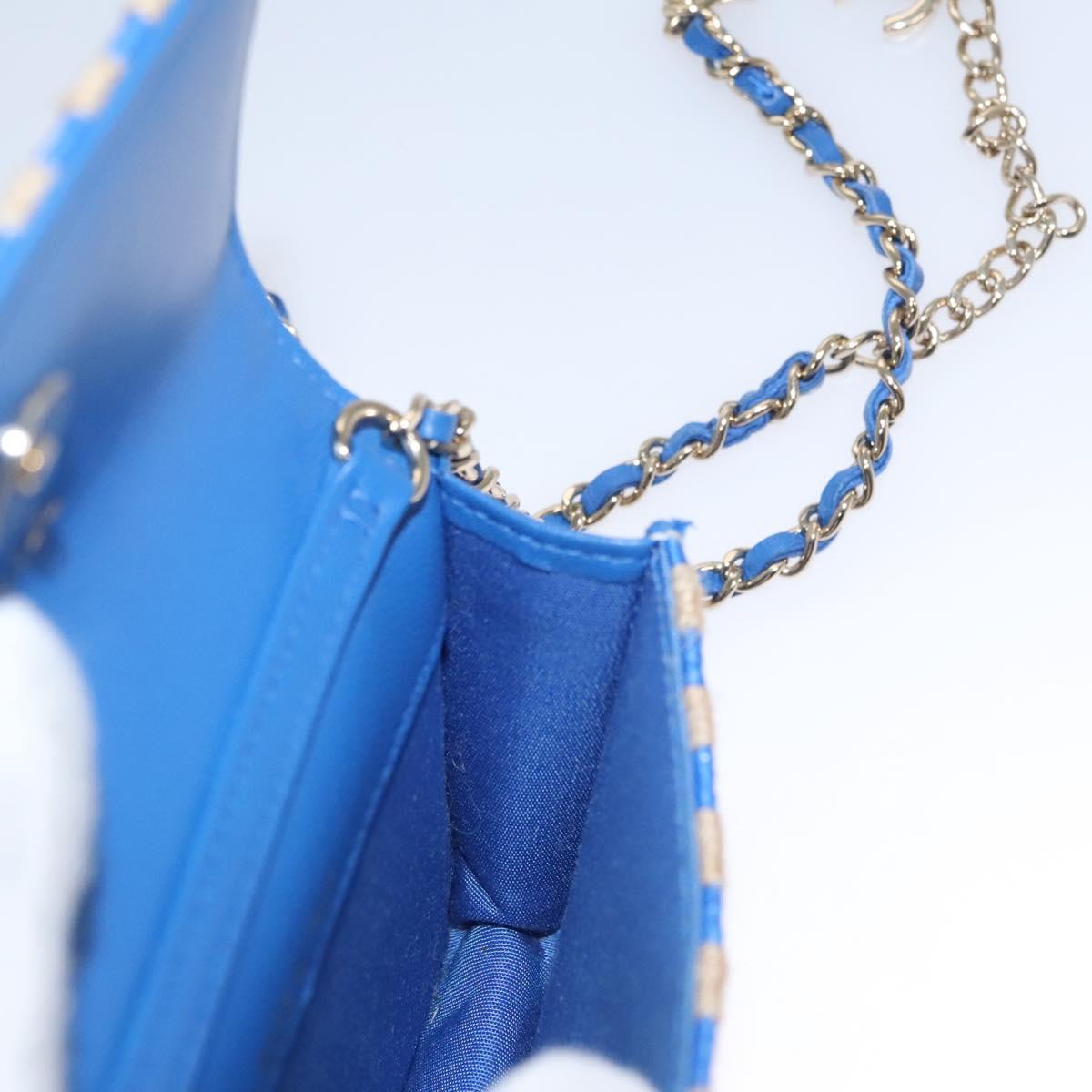 CHANEL Chain Shoulder Bag Raffia Blue CC Auth 115347AM