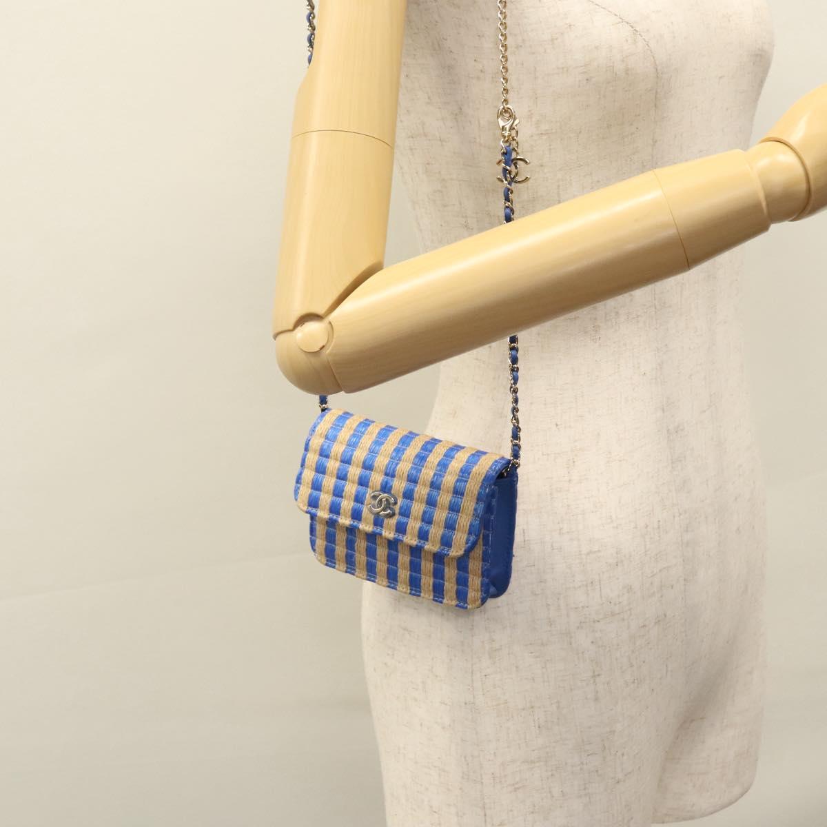 CHANEL Chain Shoulder Bag Raffia Blue CC Auth 115347SAM