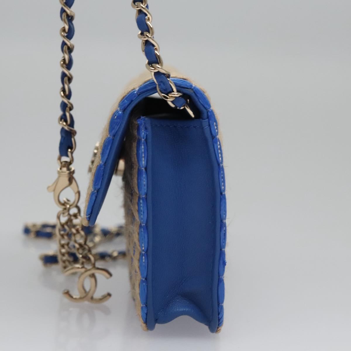 CHANEL Chain Shoulder Bag Raffia Blue CC Auth 115347AM
