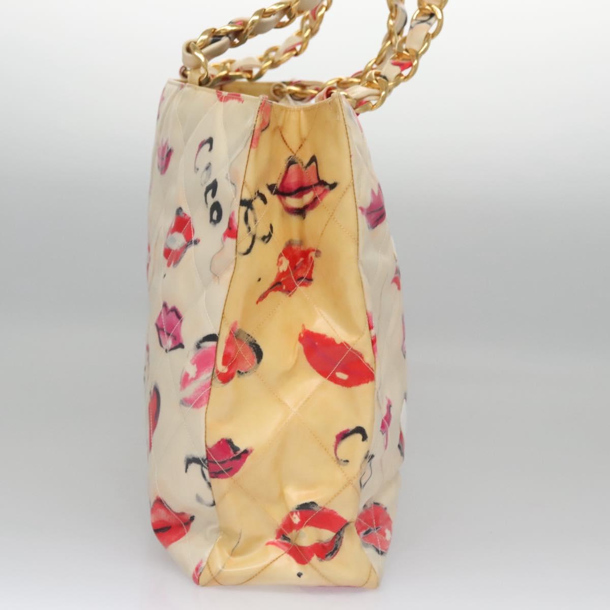 CHANEL Matelasse Chain Lip Tote Bag Enamel Beige CC Auth 115470A