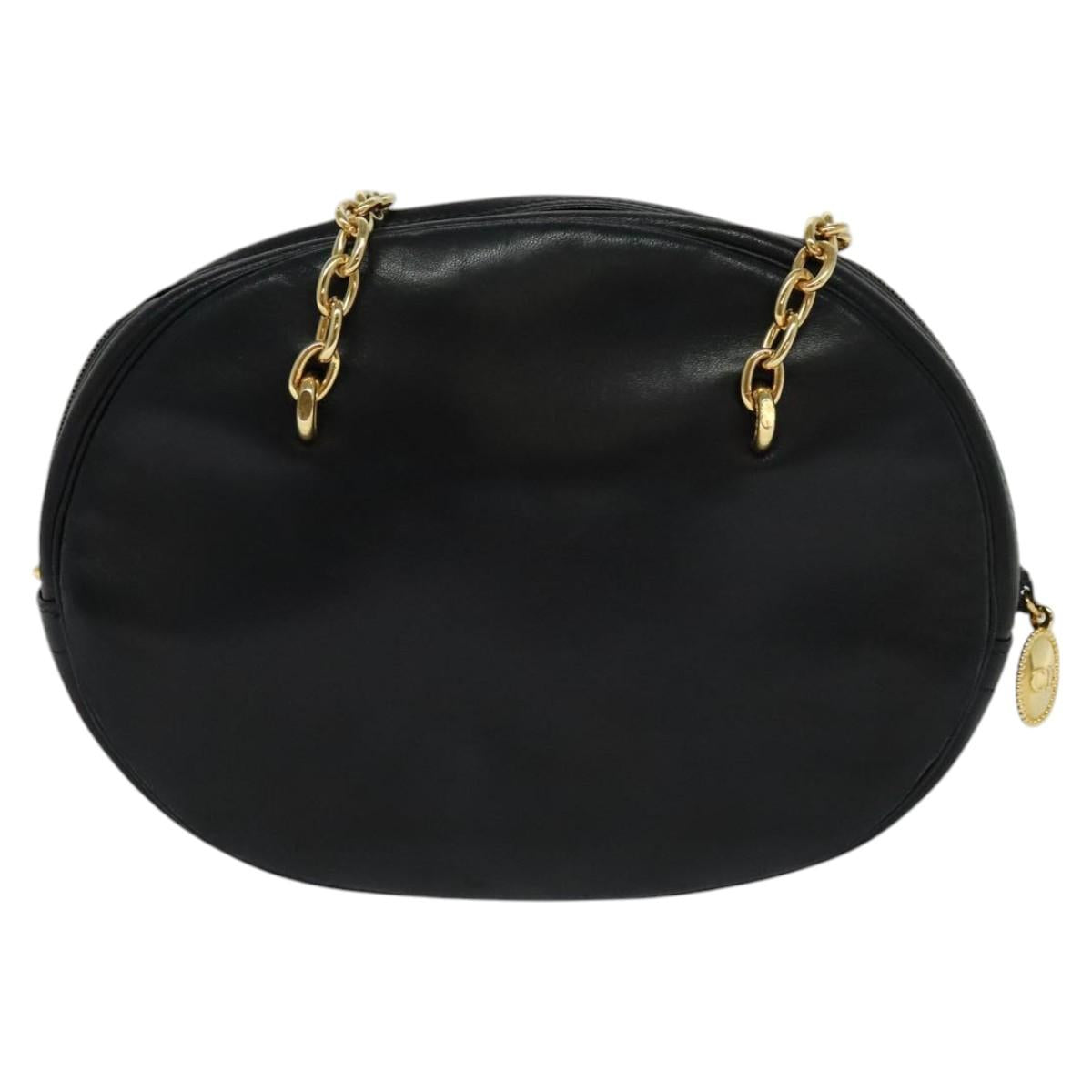 Christian Dior Chain Shoulder Bag Leather Black Gold Auth 115545