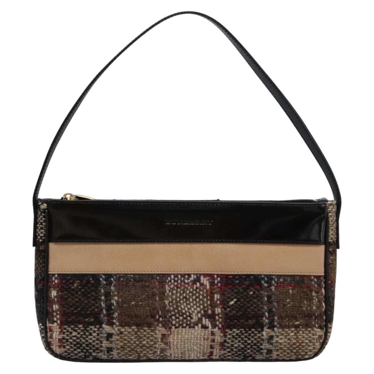 BURBERRY Nova Check Shoulder Bag Wool Suede Leather Beige Black gold Auth 115571