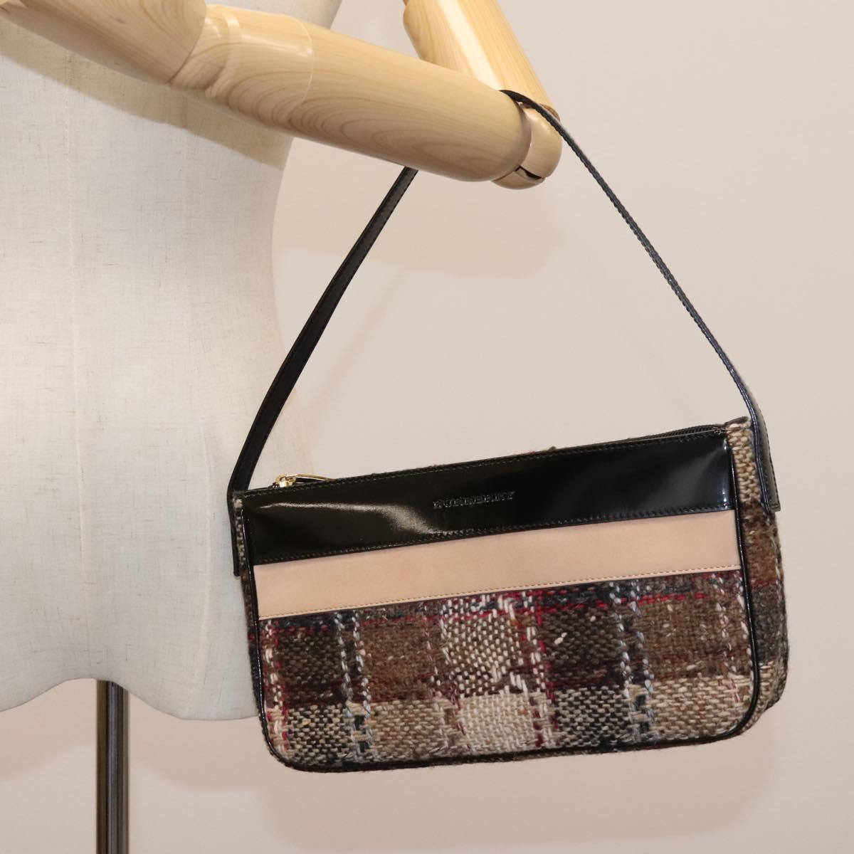 BURBERRY Nova Check Shoulder Bag Wool Suede Leather Beige Black gold Auth 115571